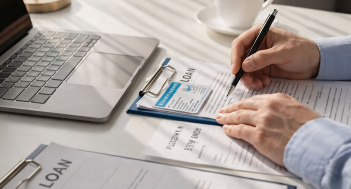 Person at a kitchen table reviewing bills on a laptop — accessible short‑term loans