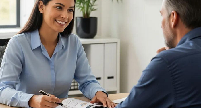 Friendly customer service rep helping a borrower, symbolizing clear and reliable lending