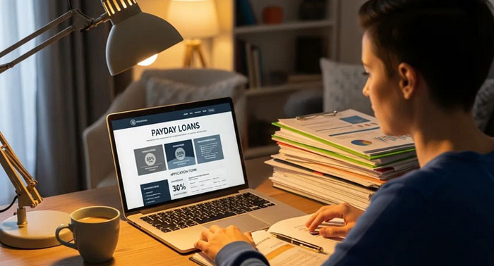 Cozy kitchen scene with a person reviewing payday loan documents on a laptop