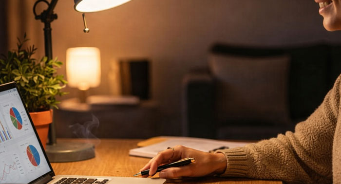 Person using a laptop in a cozy home — trusted online financial security