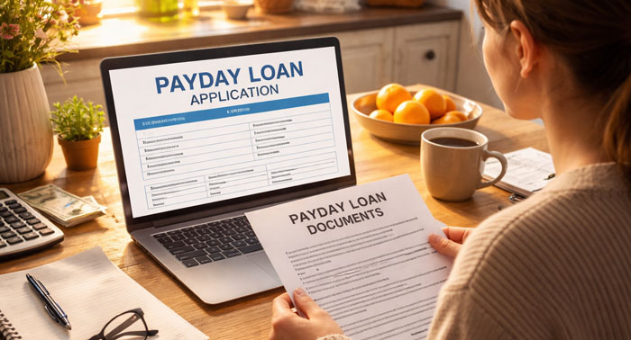 Cozy kitchen scene with a person reviewing payday loan documents on a laptop