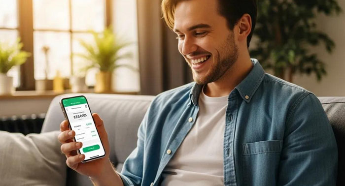 Young adult checking a bank balance on a smartphone — example of payday loan eligibility