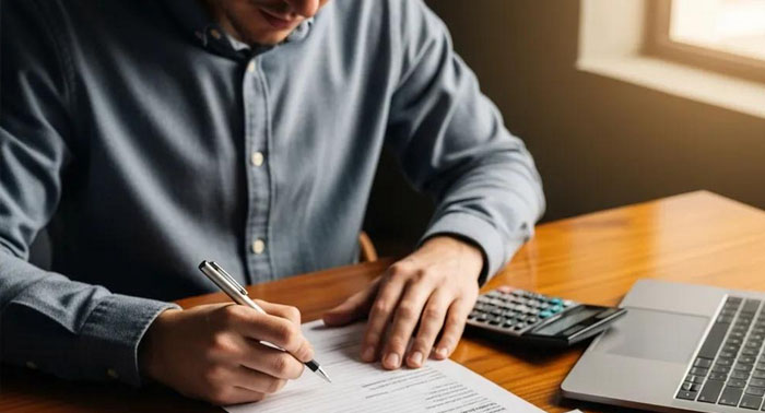 Person completing a loan application and gathering income documents — example of bank loan requirements