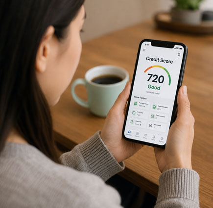 Woman holding a phone showing a credit score app, with a coffee cup nearby