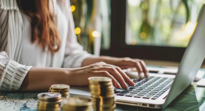 Cozy kitchen scene with a person reviewing payday loan documents on a laptop