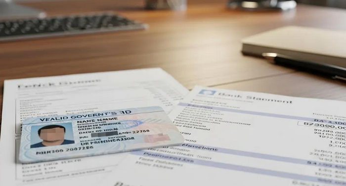 Driver's license, paycheck, and bank statement laid out on a table