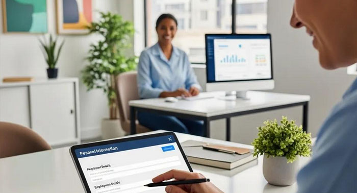Someone completing a loan application on a tablet at a desk