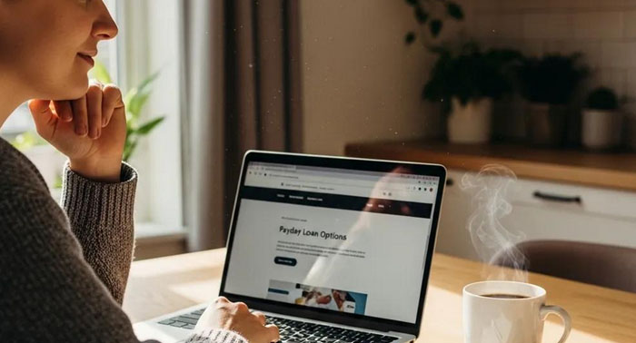 Person at a kitchen table reviewing bills on a laptop — accessible short‑term loans