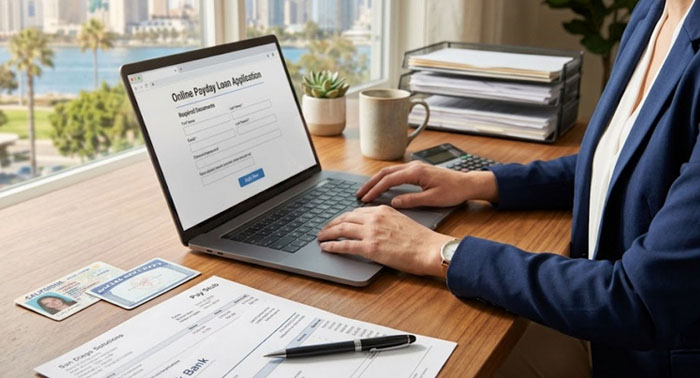 Cozy kitchen scene with a person reviewing payday loan documents on a laptop