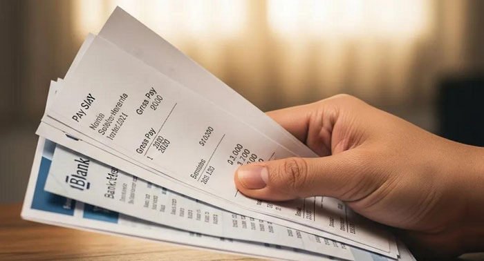 Close-up of pay stubs and bank statements used for proof of income