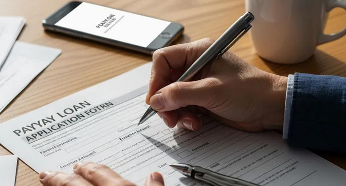 Hands filling out a payday loan application — applying is quick and straightforward