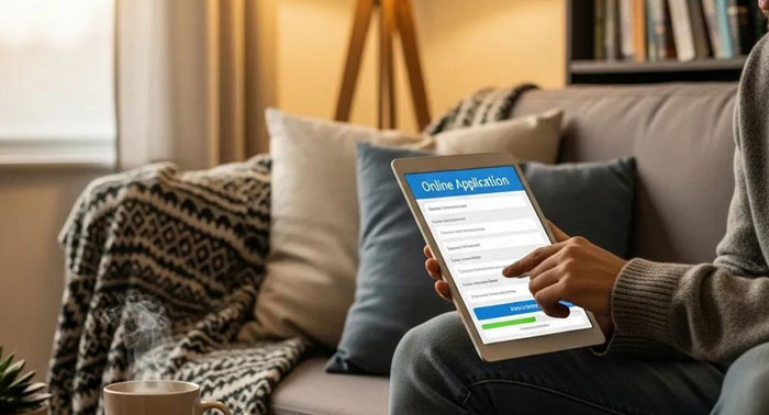 Person filling out an online loan application on a tablet in a cozy living room