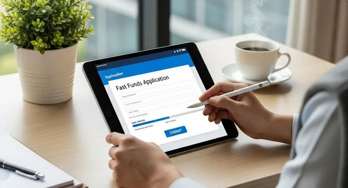 Person completing a loan application on a tablet