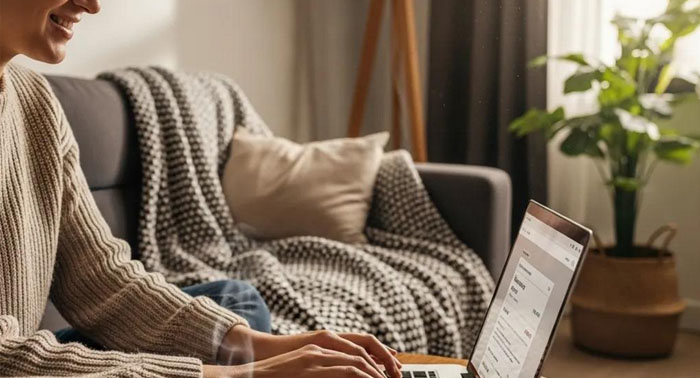 Cozy kitchen scene with a person reviewing payday loan documents on a laptop