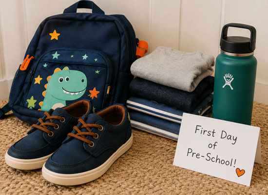 Backpack, folded clothes, water bottle, and shoes with a card reading First Day of Pre-School!