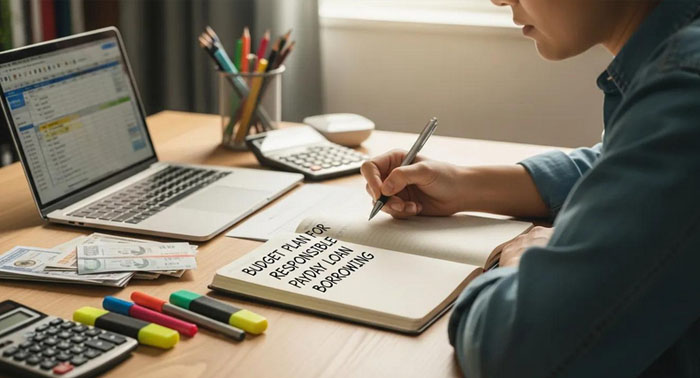 Individual creating a budget plan for responsible payday loan borrowing at a desk
