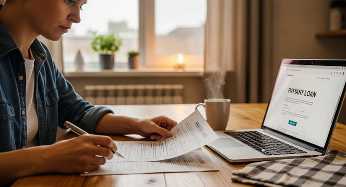 Person reviewing payday loan documents at a cozy kitchen table with a laptop and coffee