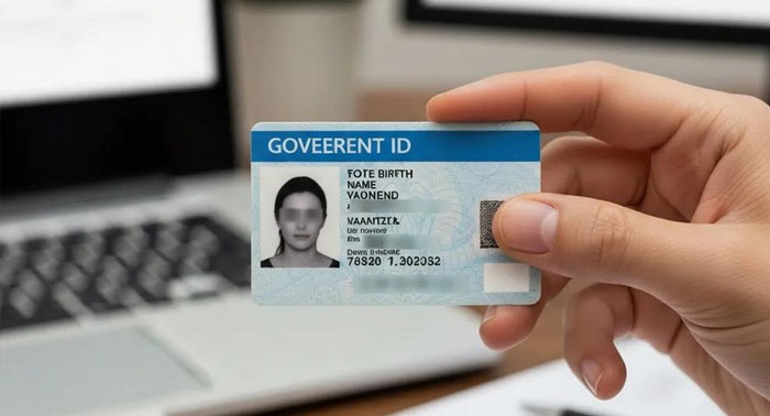 Close-up of a hand holding a government-issued photo ID in a home office
