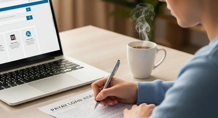 Person filling out a payday loan application form at a desk
