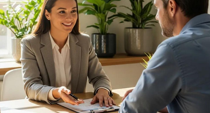 Friendly loan specialist helping a customer in an office — shows the benefits of direct lending