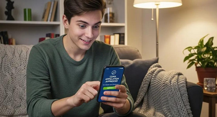 Person applying for a loan on their phone at home — highlights no‑credit‑check accessibility