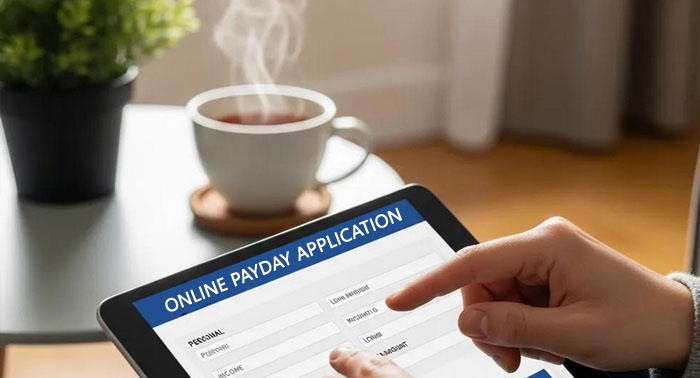Close-up of hands filling out a payday loan application on a tablet in a cozy home setting