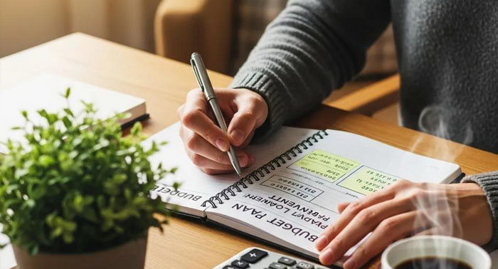 Person budgeting for payday loan repayment at a desk with a notebook and calculator