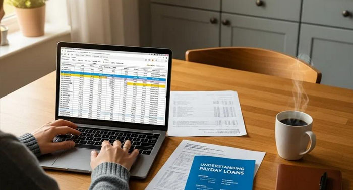 Cozy kitchen scene with a person reviewing payday loan documents on a laptop