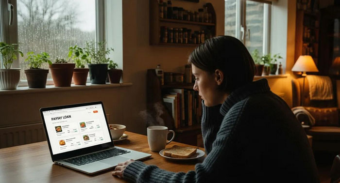 Cozy kitchen scene with a person reviewing payday loan documents on a laptop