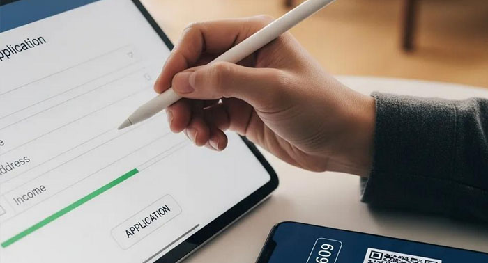 Close-up of a hand completing an online loan form on a tablet
