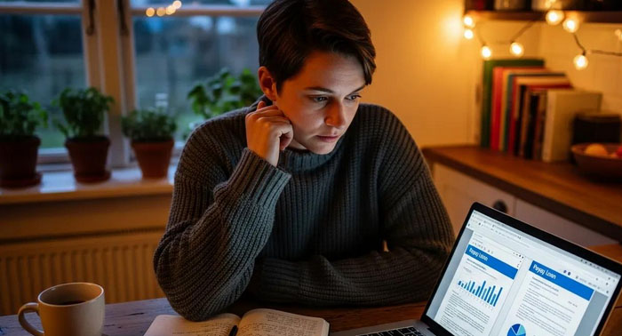 Cozy kitchen scene with a person reviewing payday loan documents on a laptop