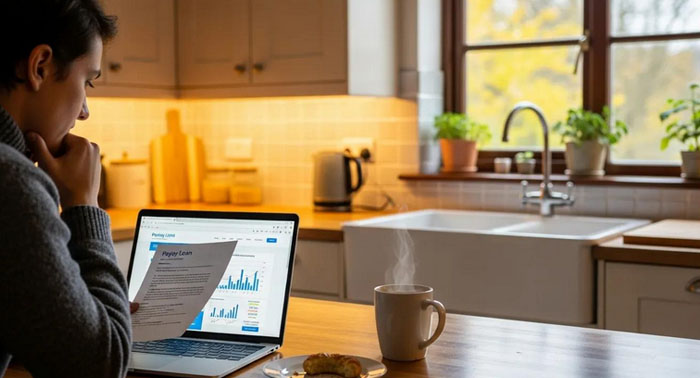 Cozy kitchen scene with a person reviewing payday loan documents on a laptop