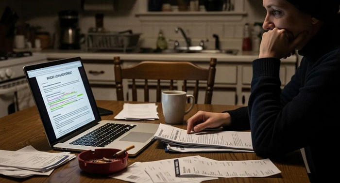 Cozy kitchen scene with a person reviewing payday loan documents on a laptop