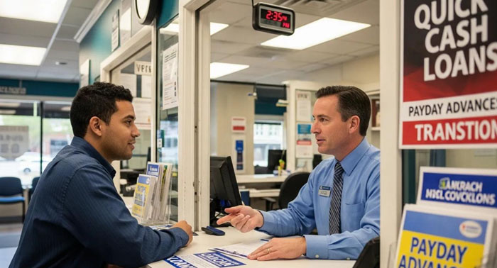 Customer talking with a lender inside a storefront payday loan office