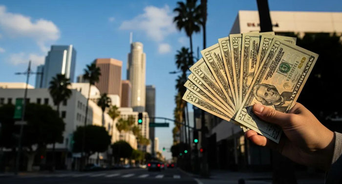 Person holding cash in an urban Los Angeles setting to represent emergency cash advance options