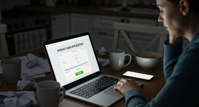 Person at a kitchen table reviewing loan documents on a laptop