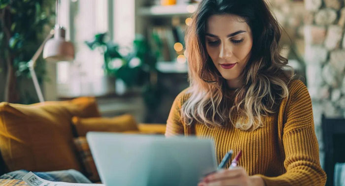 Cozy kitchen scene with a person reviewing payday loan documents on a laptop