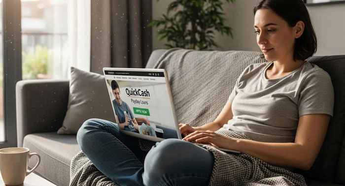 Cozy kitchen scene with a person reviewing payday loan documents on a laptop