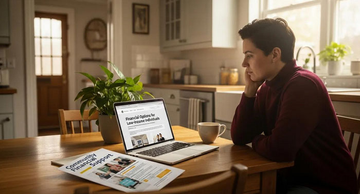 Cozy kitchen scene with a person reviewing payday loan documents on a laptop