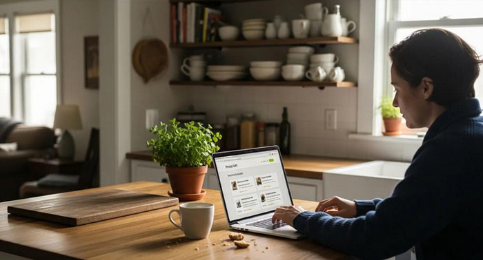 Cozy kitchen scene with a person reviewing payday loan documents on a laptop