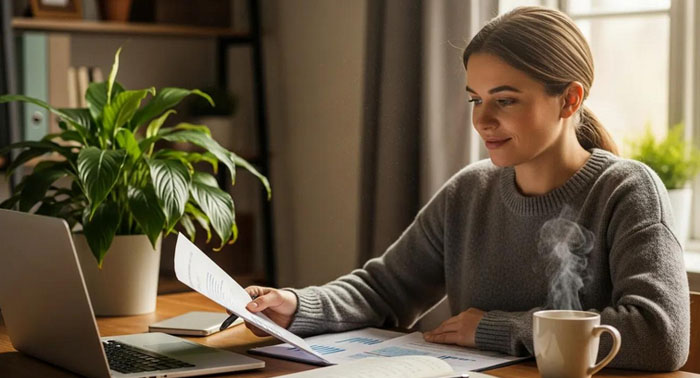 Cozy kitchen scene with a person reviewing payday loan documents on a laptop
