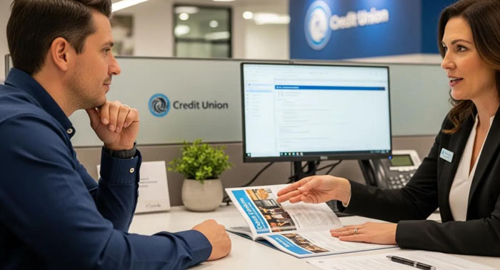 Person talking with a credit union representative about loan options