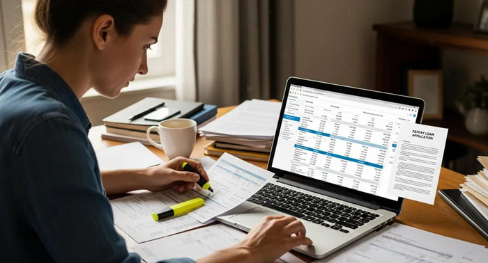 Self-employed person reviewing bank statements and invoices to confirm payday loan eligibility