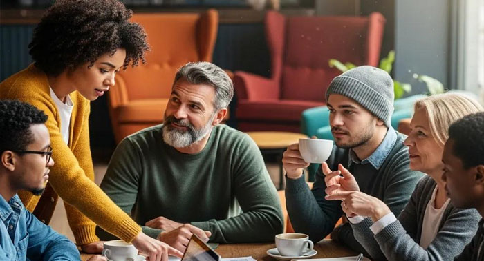 Two people talking over coffee about short-term loan choices — support for borrowers with low credit
