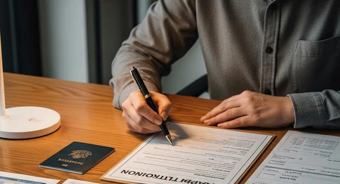 Applicant completing a short online loan form at a desk — simple application process