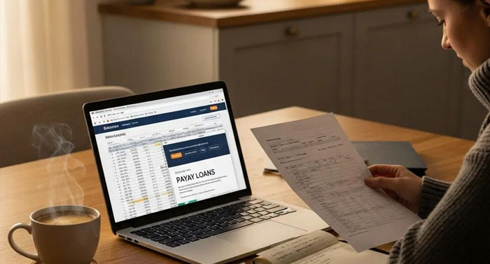 Cozy kitchen scene with a person reviewing payday loan documents on a laptop