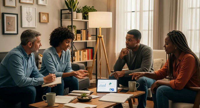 Cozy kitchen scene with a person reviewing payday loan documents on a laptop