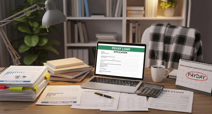 Cozy kitchen scene with a person reviewing payday loan documents on a laptop