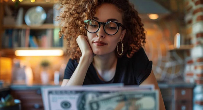 Cozy kitchen scene with a person reviewing payday loan documents on a laptop