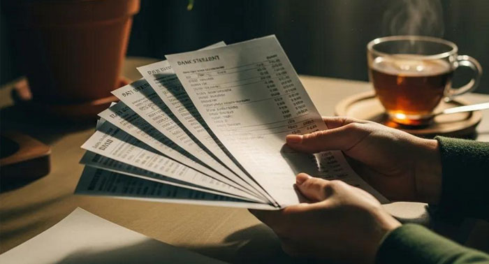 Hands holding pay stubs and bank statements as proof of income